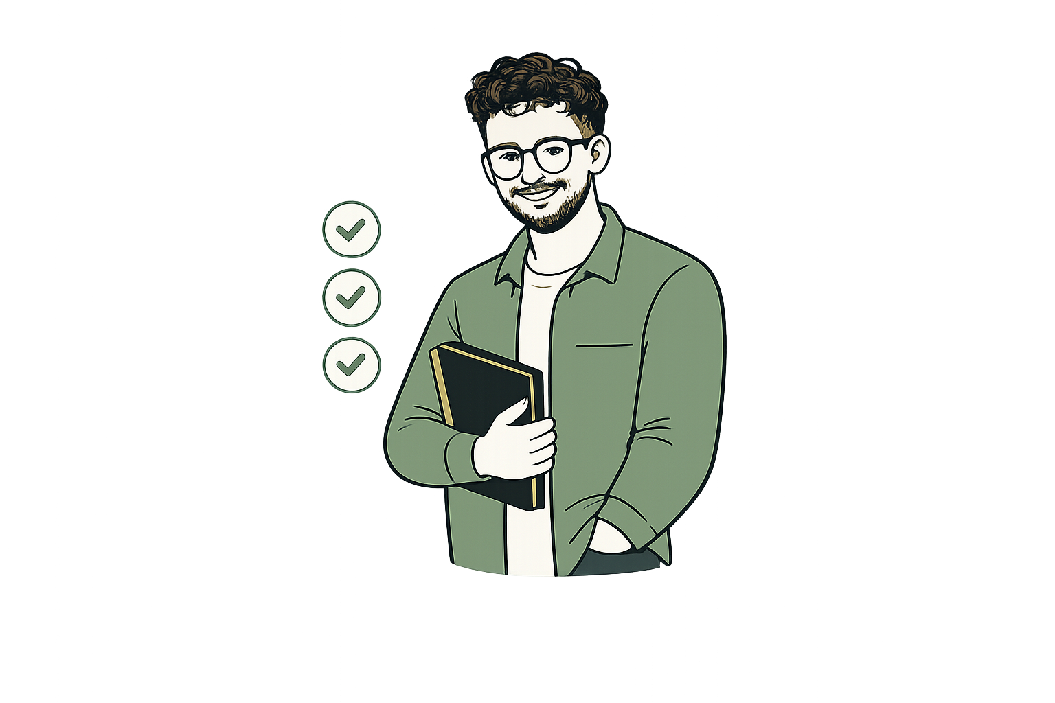 Illustration of a smiling man with curly hair and glasses holding a black notebook, standing with one hand in pocket against a green background with three check marks.