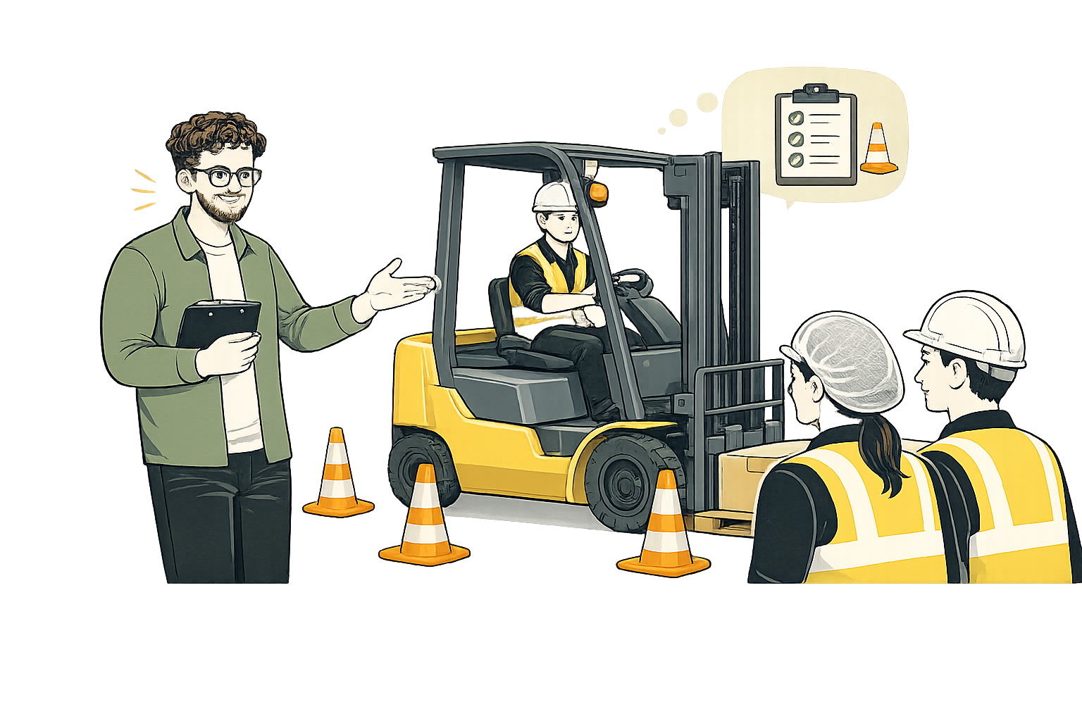 A man with glasses holding a tablet speaking to construction workers, including a woman and a man wearing helmets, near a forklift inside a warehouse with safety cones and a safety checklist.