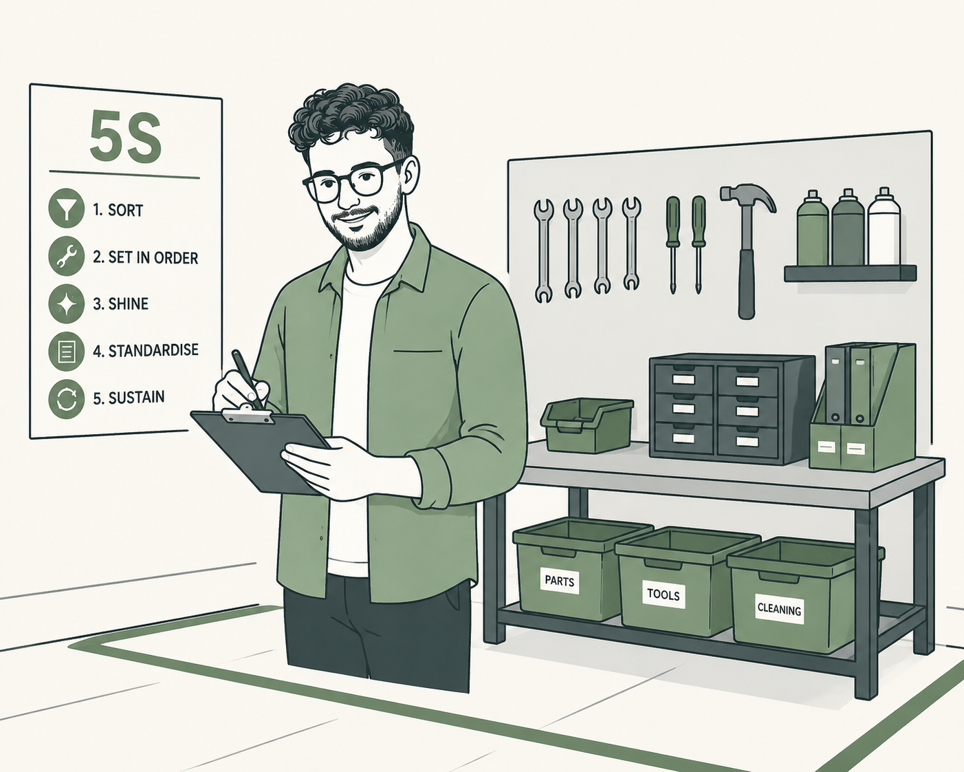 A man with glasses holding a clipboard and pen in a workshop with tools and labeled storage bins.