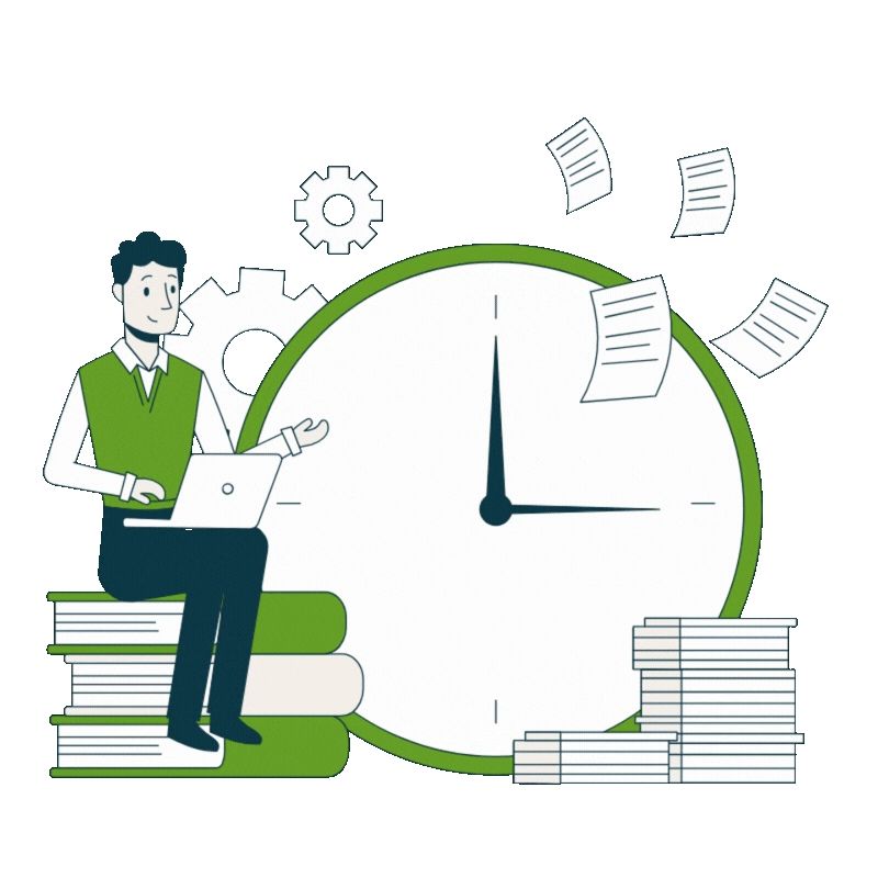 A person sitting on stacked books next to a large clock with papers flying around, representing time management and productivity.