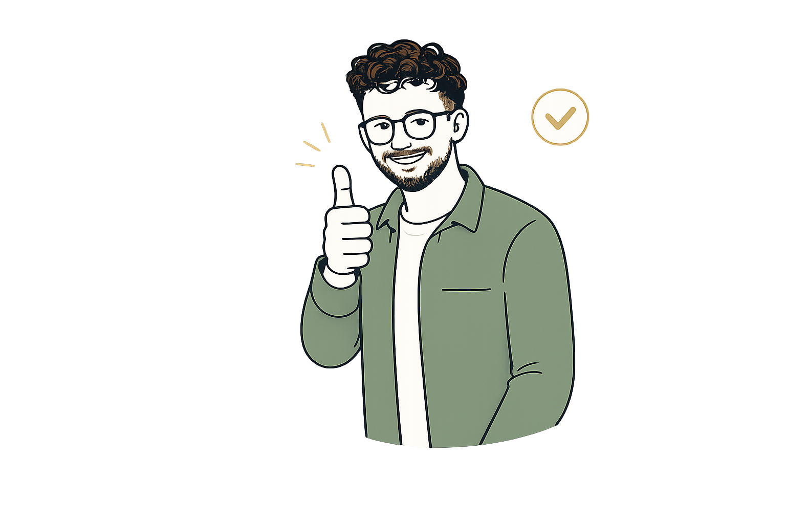 A digital illustration of a smiling man with curly brown hair, beard, and glasses giving a thumbs up. He is wearing a green jacket and a white shirt, with a checkmark icon floating beside him in a circle.