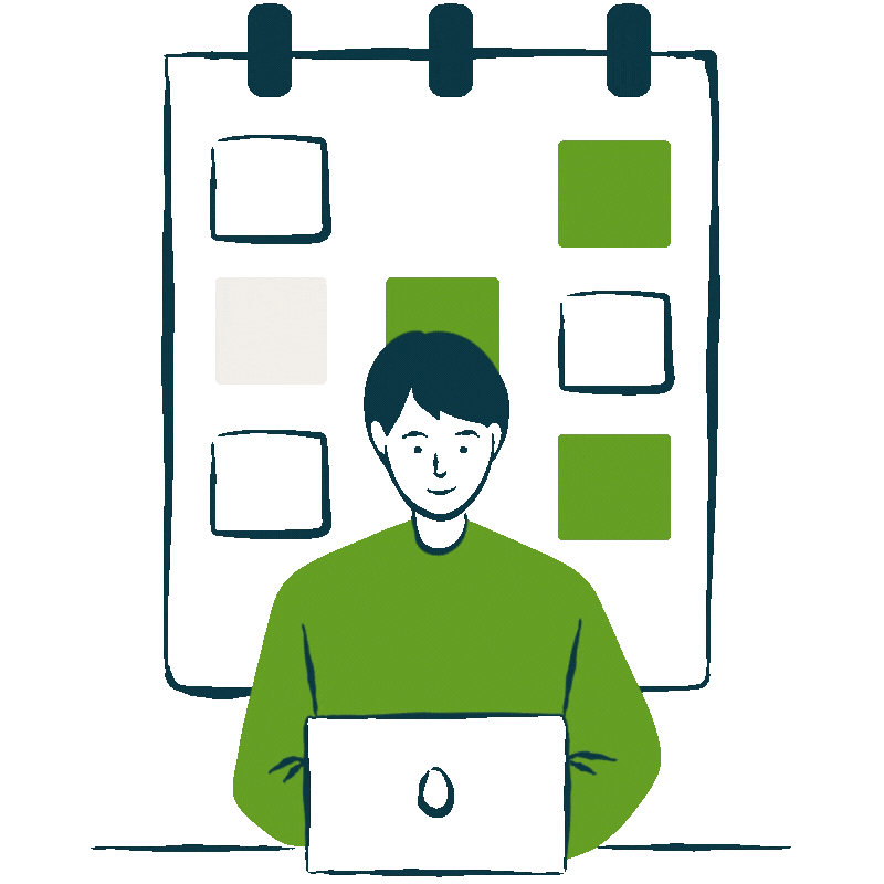 Illustration of a person sitting at a desk with a laptop, in front of a large calendar with colored blocks marking days.