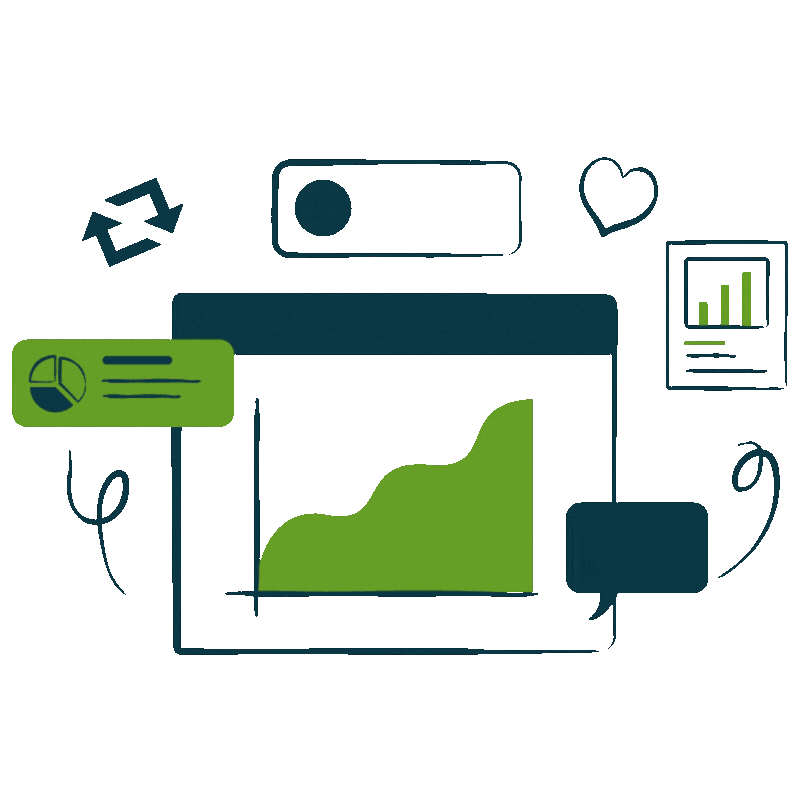 A digital illustration featuring various icons and graphs representing data analysis, charts, and social media engagement on a green background.