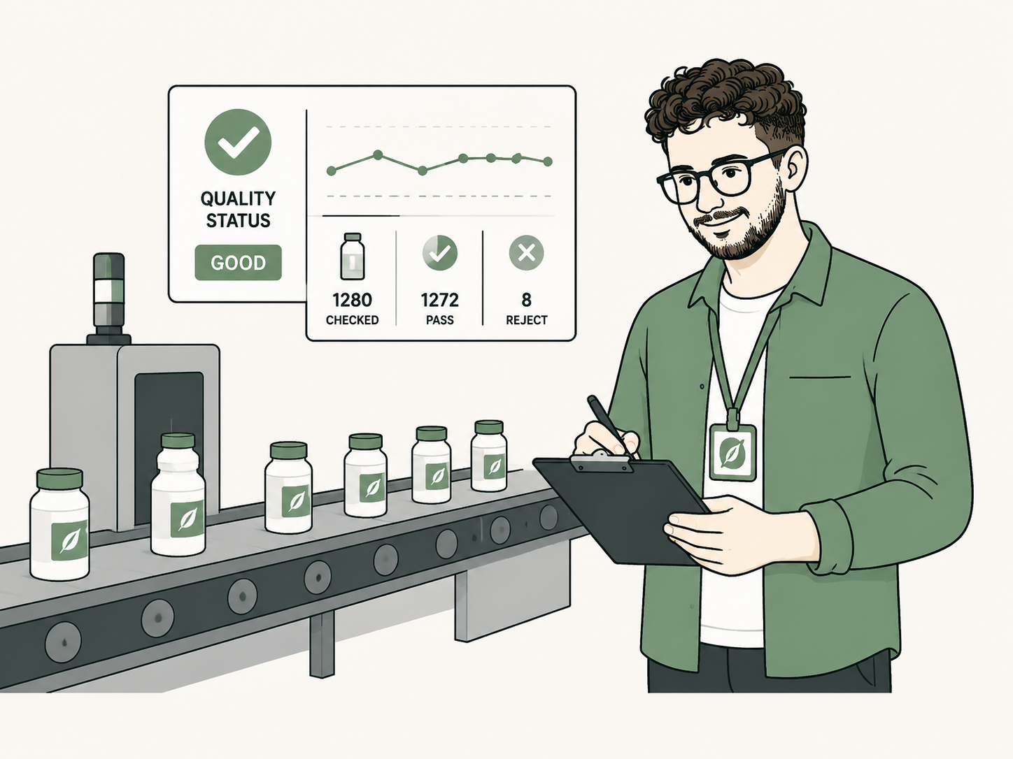 A man wearing glasses, a green shirt, and a lanyard with an ID badge is smiling while taking notes on a clipboard in a laboratory or manufacturing setting. There are several bottles with a green leaf logo on a conveyor belt, and a quality control display showing stats like checked, passed, rejected, and overall quality status.