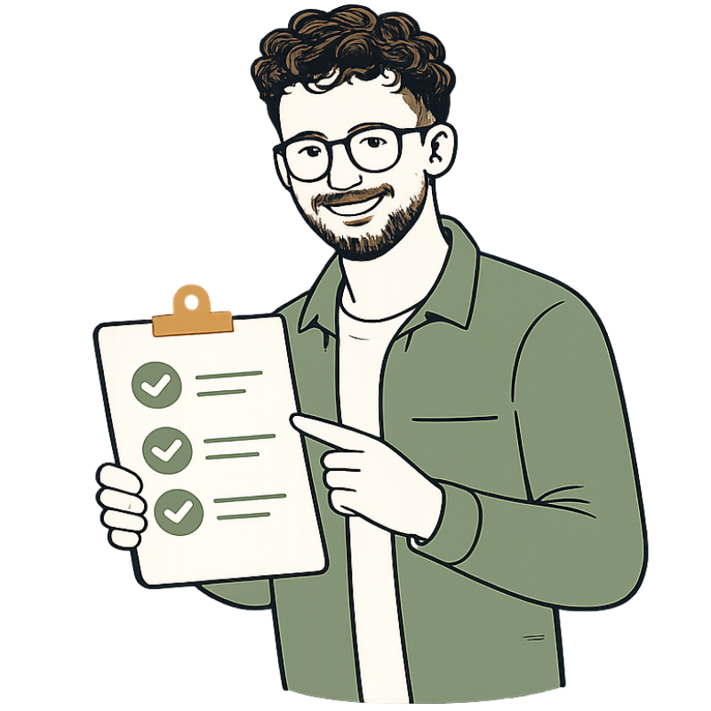 Cartoon man with glasses, beard, and curly hair holding a clipboard with checkmarks, pointing at it with a smile.