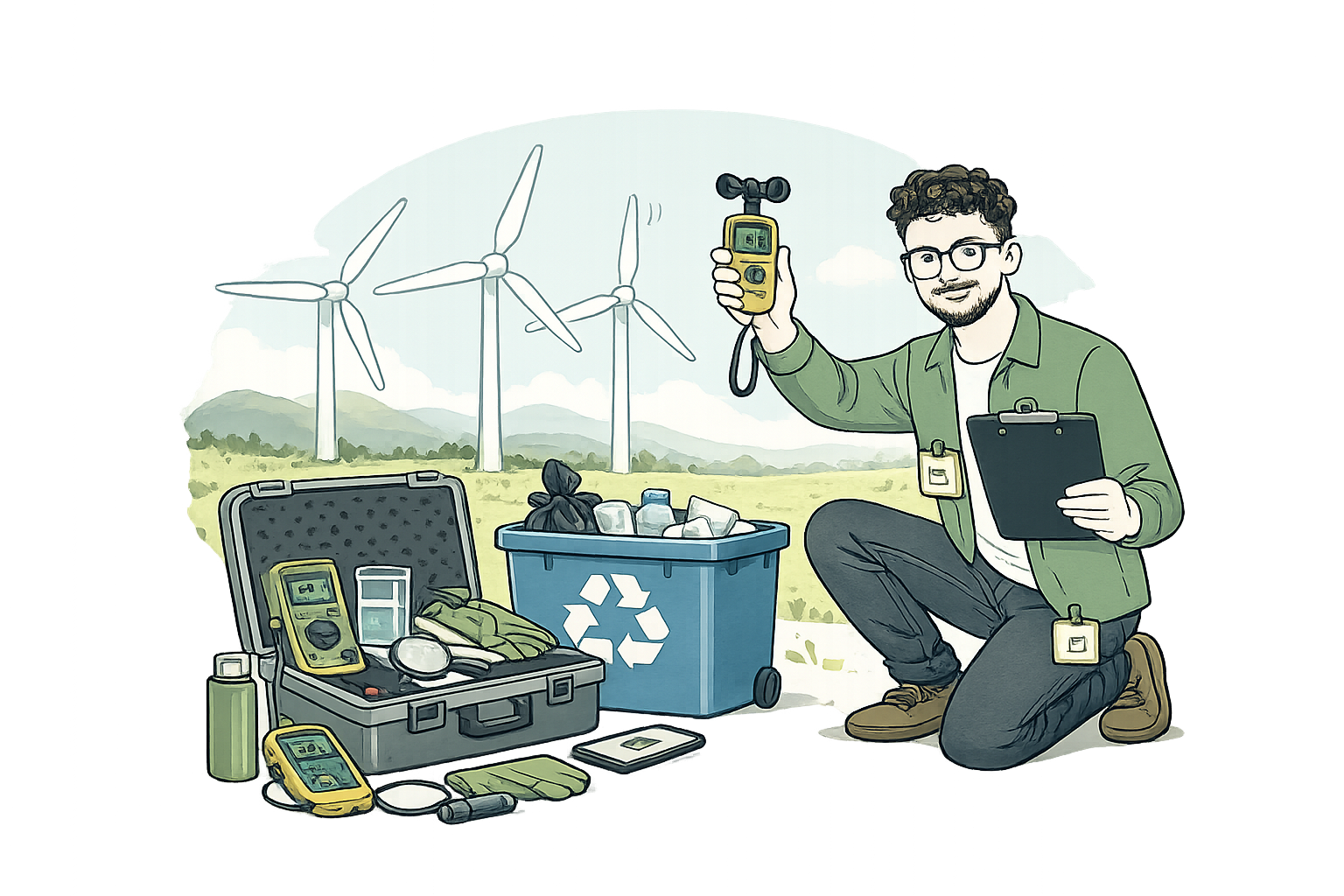An environmental technician kneeling on the ground with wind turbines in the background, holding a digital multimeter. Nearby are recycling supplies, a closed equipment case, and a clipboard, indicating a field inspection for renewable energy or environmental monitoring.