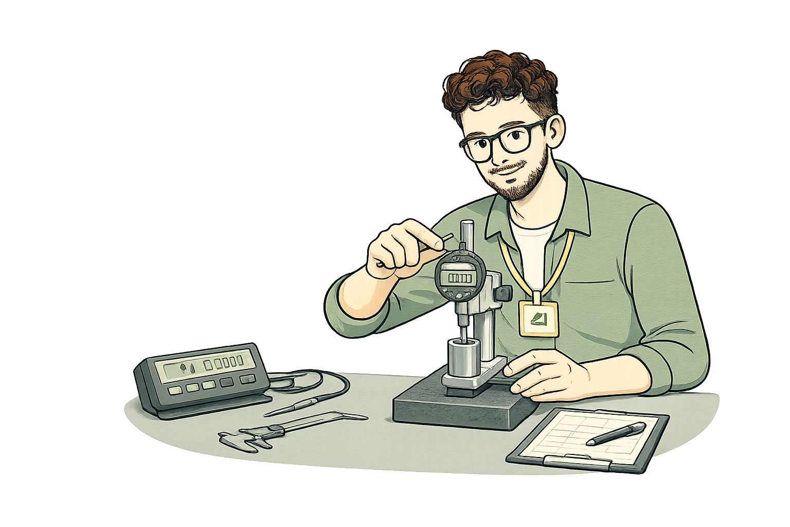 A man with glasses and a beard, wearing a green shirt with a badge, is conducting a scientific experiment using a digital dial gauge on a mounted sample. He is seated at a table with scientific tools and a clipboard.