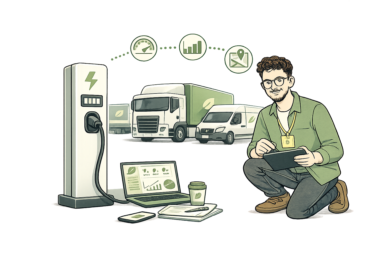Illustration of a person with glasses and a beard using a tablet, surrounded by electric trucks, a charging station, and a laptop showing green energy and sustainability data in an eco-friendly setting.