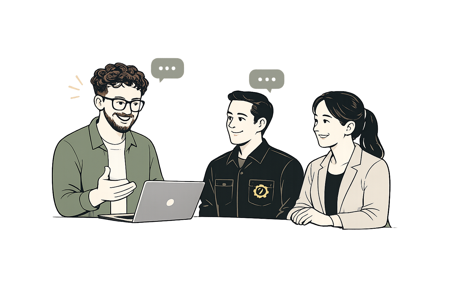 Three people are having a discussion at a counter, with a laptop open in front of them. The man on the left is talking and gesturing, wearing glasses and a green jacket. The man in the middle is smiling, dressed in a uniform with a gear emblem, and the woman on the right is smiling, wearing a beige blazer.