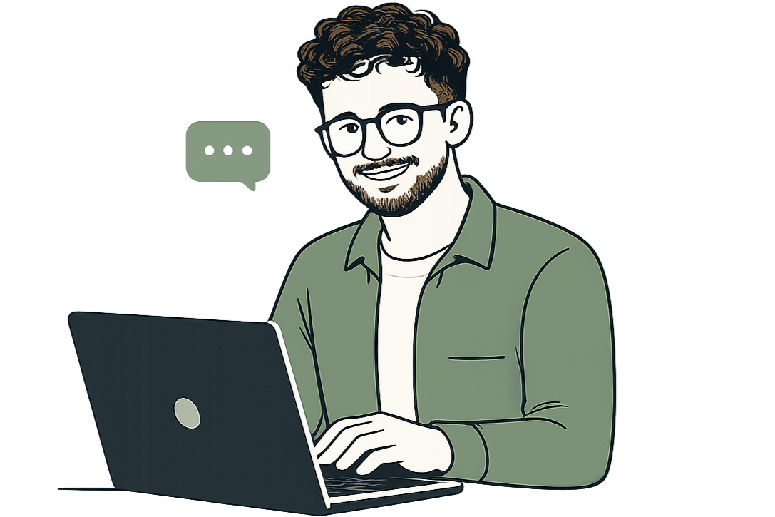 Digital illustration of a man with curly hair, beard, glasses, smiling and working on a laptop, with a chat icon behind him.