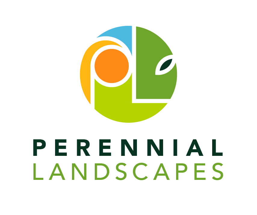 Logo for Perennial Landscapes featuring a stylized tree with a sun, leaf, and various shades of green, orange, and blue.