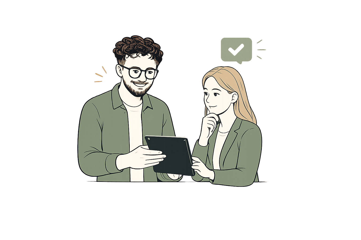 A man and woman are standing at a counter, looking at a tablet together. The man has curly hair, glasses, and a beard, while the woman has straight blonde hair and is resting her chin on her hand. In the background, there is a green checkmark on the wall.