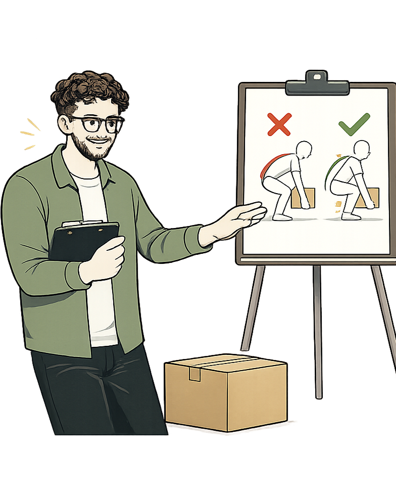 A person with glasses and a beard holding a clipboard, pointing at a diagram on an easel. The diagram shows correct and incorrect squat techniques, with a red cross for incorrect and a green check for correct posture.