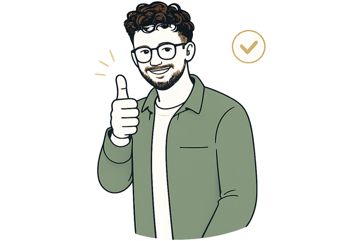 Cartoon illustration of a smiling young man with glasses giving a thumbs up, wearing a green jacket and white shirt, with a checkmark icon in the background.