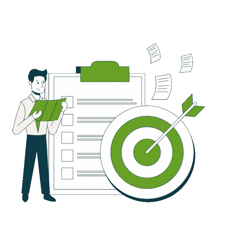Illustration of a man reviewing a document with a checklist, with flying papers and a large target with an arrow hitting the bullseye, symbolizing goal achievement or success.