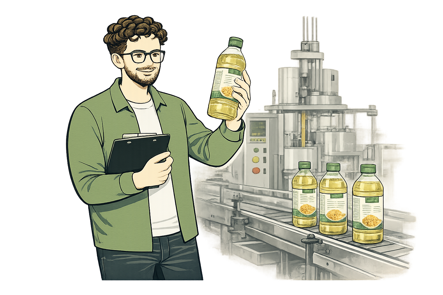 A man with glasses, holding a clipboard and a bottle of cooking oil, standing in front of a machine filling bottles in a factory setting.