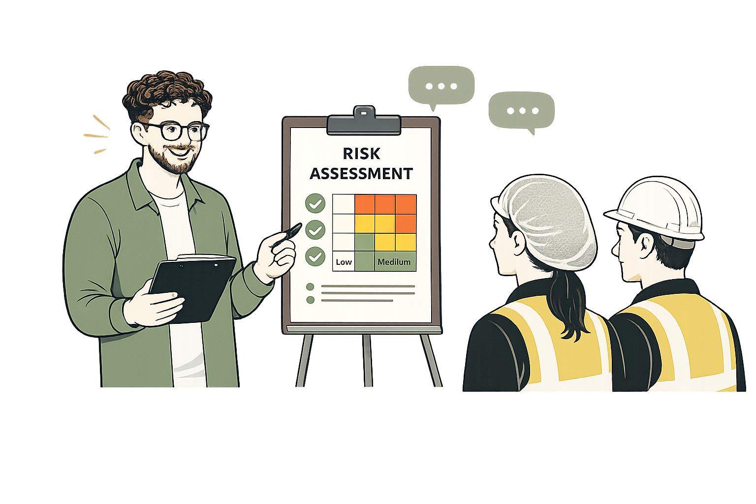 A man in a green jacket gives a risk assessment presentation to two workers wearing safety helmets and vests, with a risk assessment chart showing low to medium risk levels.