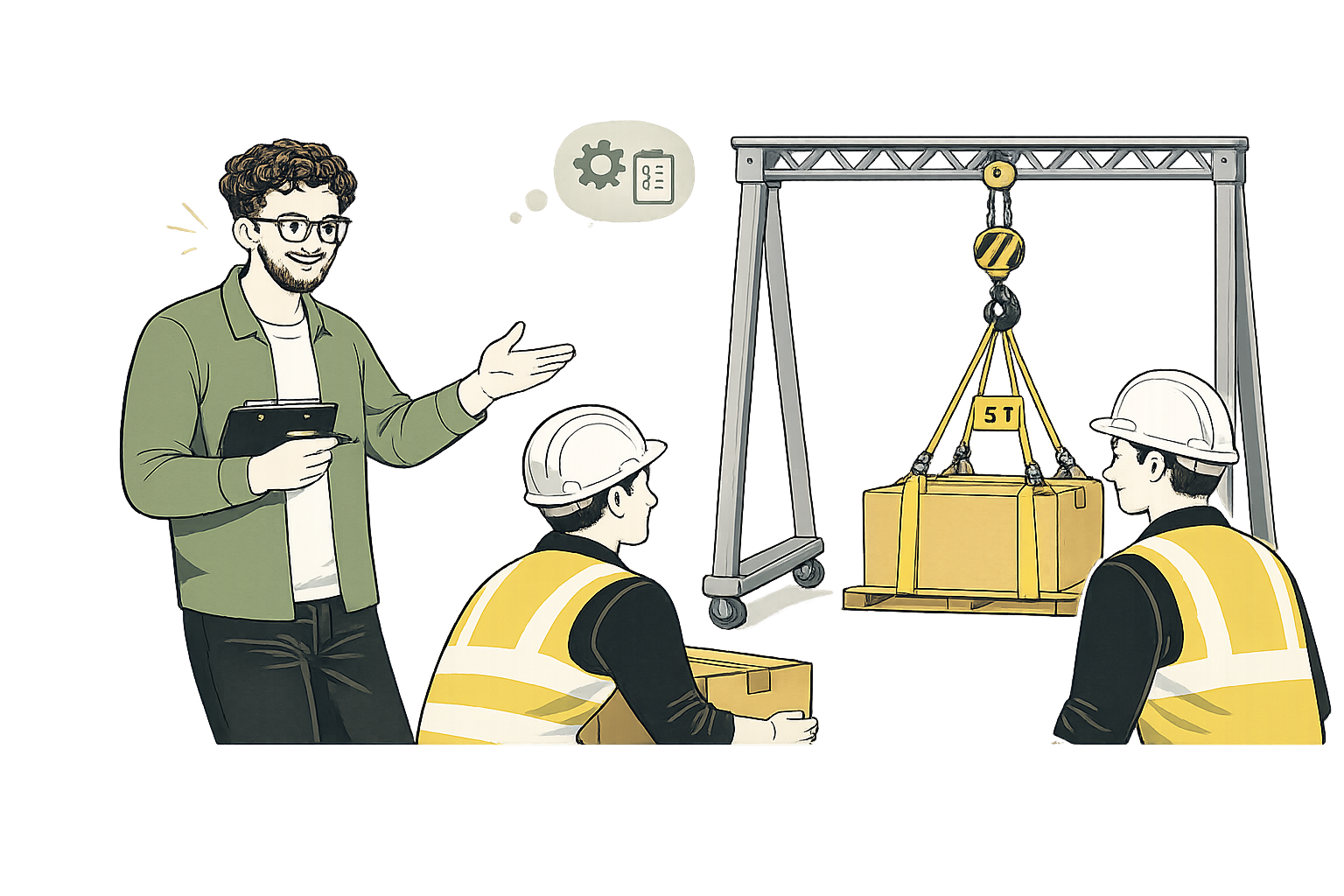 Two construction workers with safety helmets and vests in a warehouse, sitting at a table, are discussing a lifting operation. A third person, possibly a manager or supervisor, explains the process while holding a tablet. There is a lifting frame with a 5-ton load being prepared for hoisting.