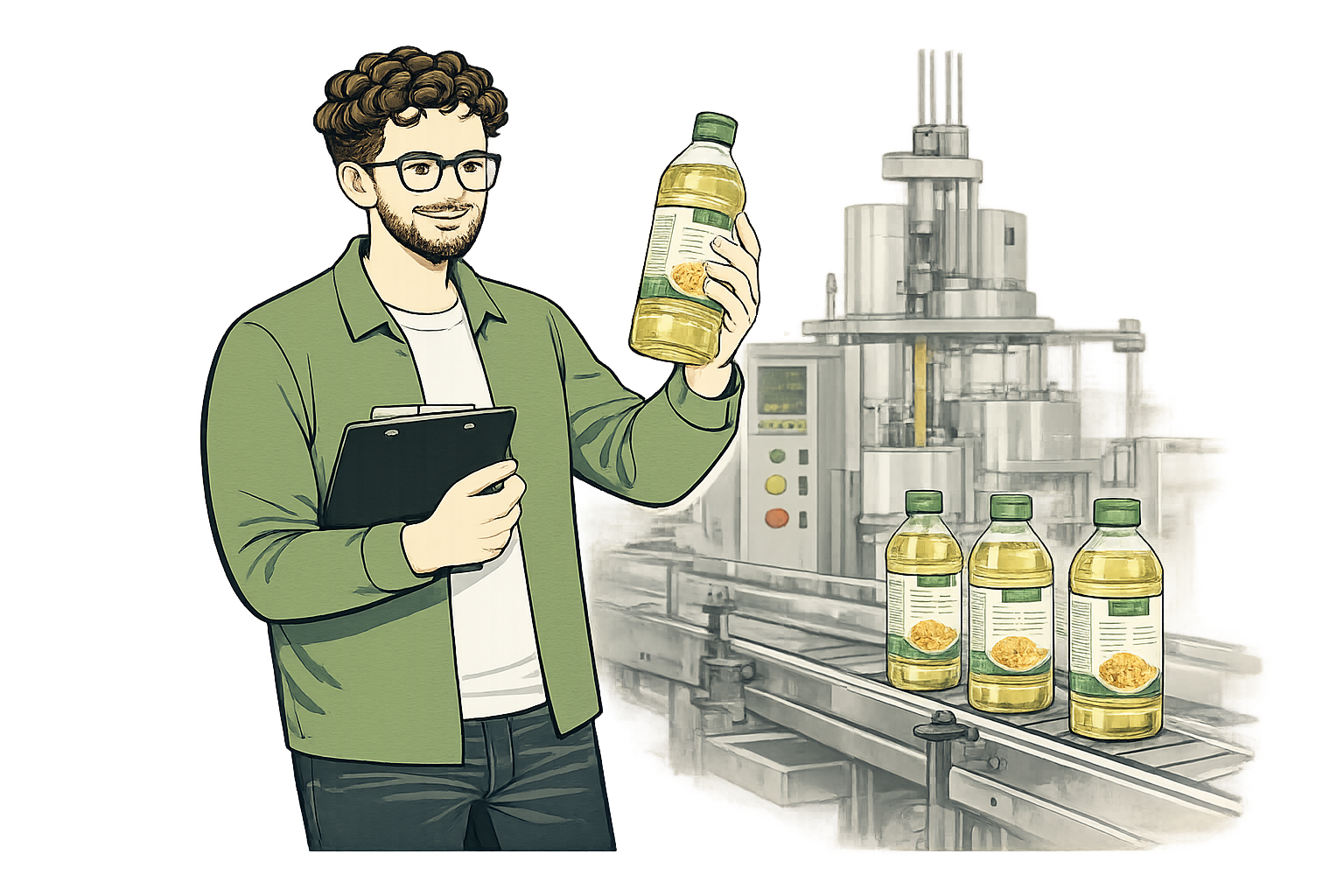 A man with curly hair, glasses, and a beard wearing a green jacket and white shirt, holding a clipboard and a bottle of oil in a factory setting with machinery and bottles of oil on a conveyor belt.
