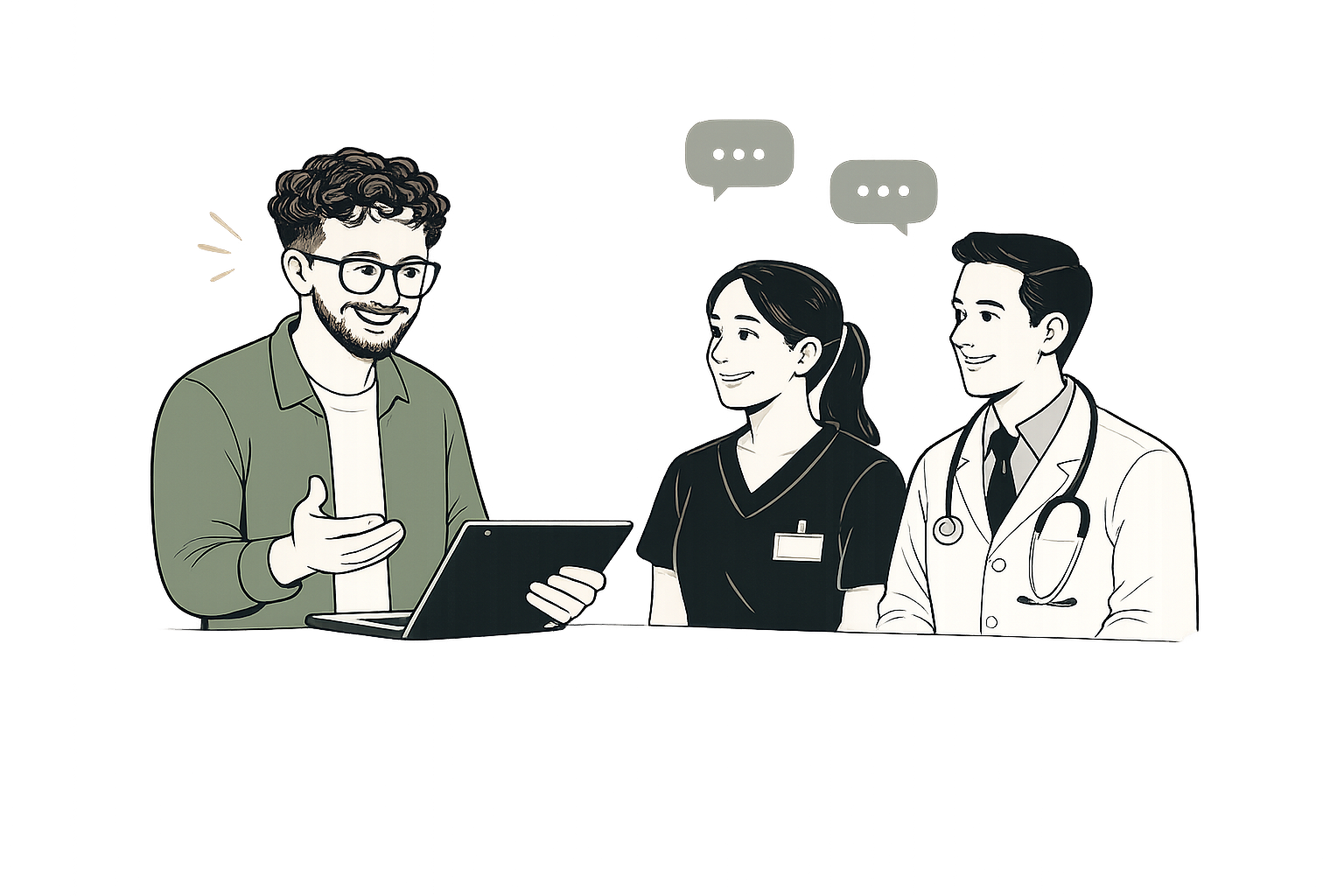 Illustration of a man with glasses and curly hair discussing with two healthcare professionals, a nurse and a doctor, in a medical office setting.
