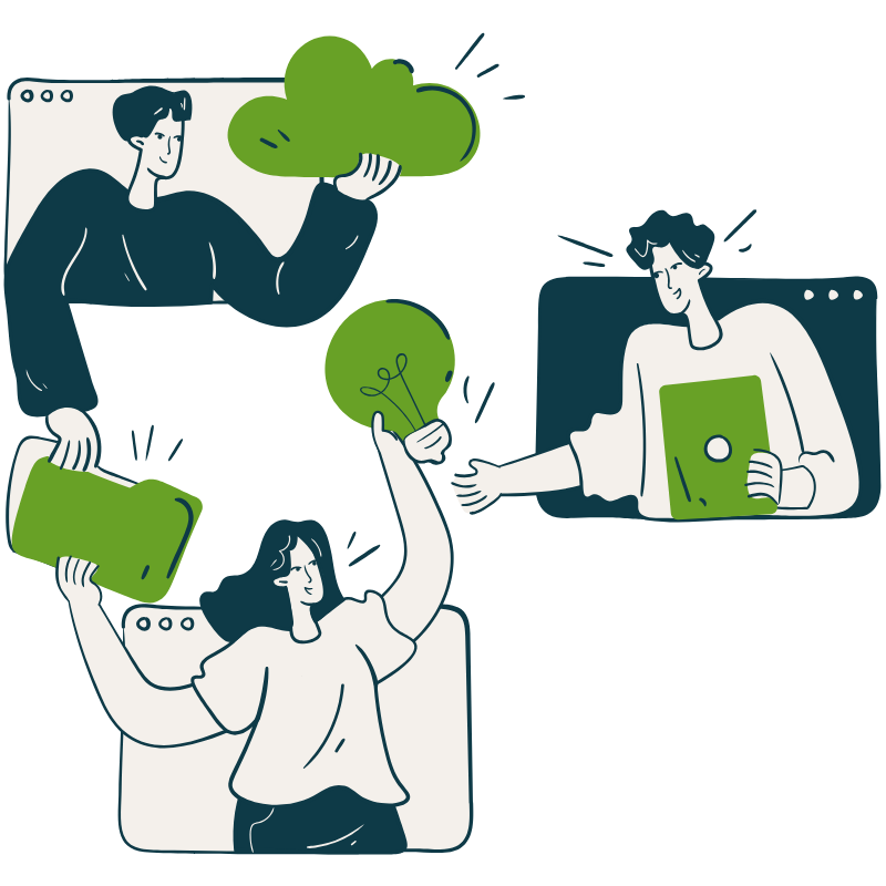 Illustration of three people engaging in a virtual discussion about sustainability, sharing ideas with icons of a cloud, a light bulb, and a smartphone.