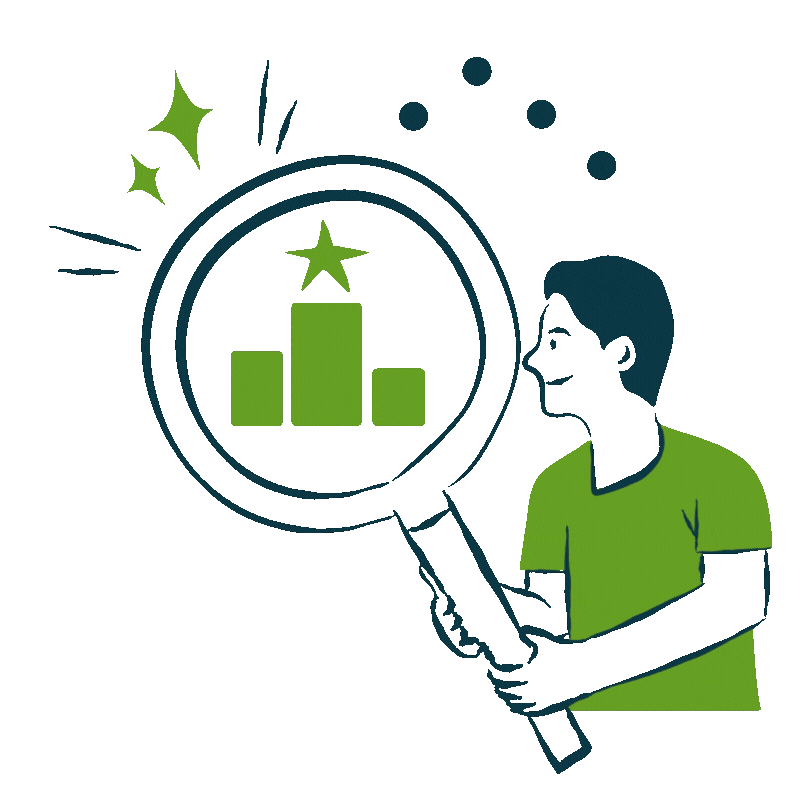 A person holding a magnifying glass over a bar chart with three bars and a star on top, surrounded by sparkles and dots.