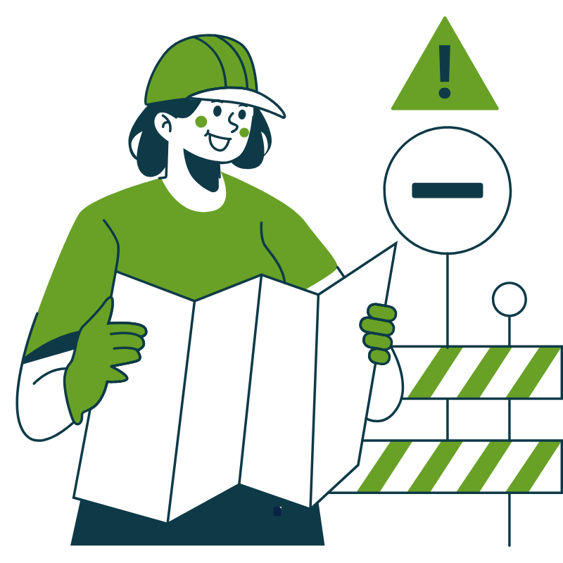 A woman wearing a green helmet and shirt holding a map, standing next to a hazard barrier and a warning sign with an exclamation mark, indicating a construction or safety zone.