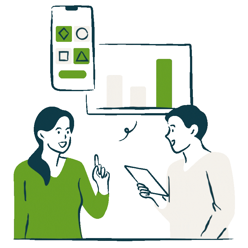 Two people discussing data and charts, with a smartphone and a tablet, depicting business or data analysis.