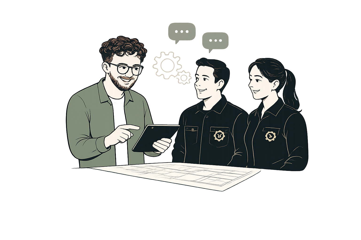 A man with glasses and curly hair showing a tablet to two officers in uniform, one male and one female, in an office setting.