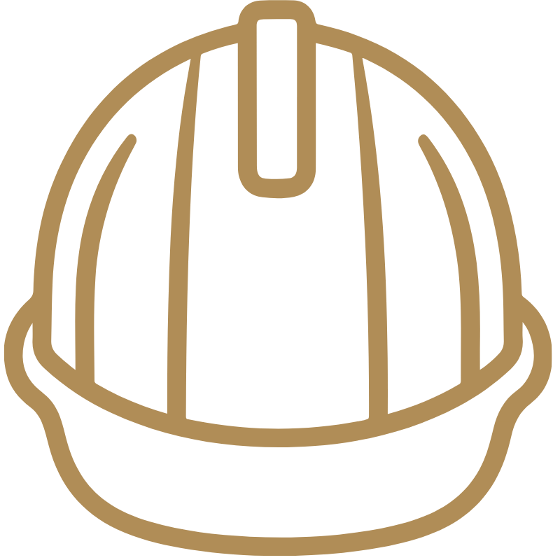 Line drawing of a construction hard hat in gold outline on black background.