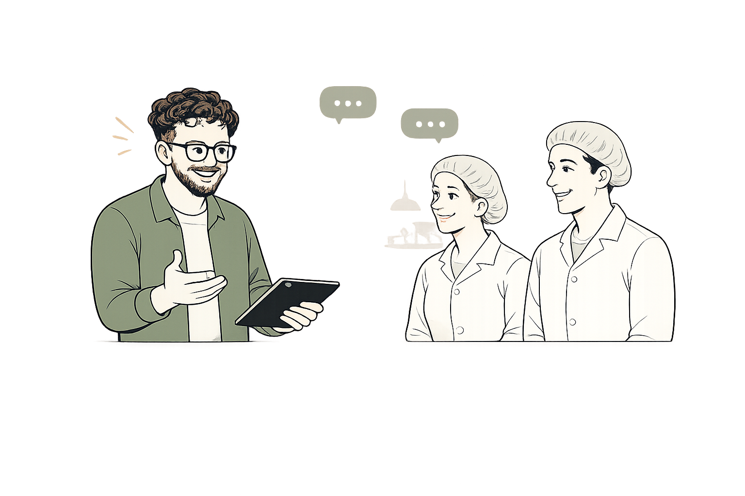 A man with glasses, a beard, and curly hair is talking to two women in white coats. The women are smiling, and the man is holding a tablet. The background is brown with speech bubbles above the women.