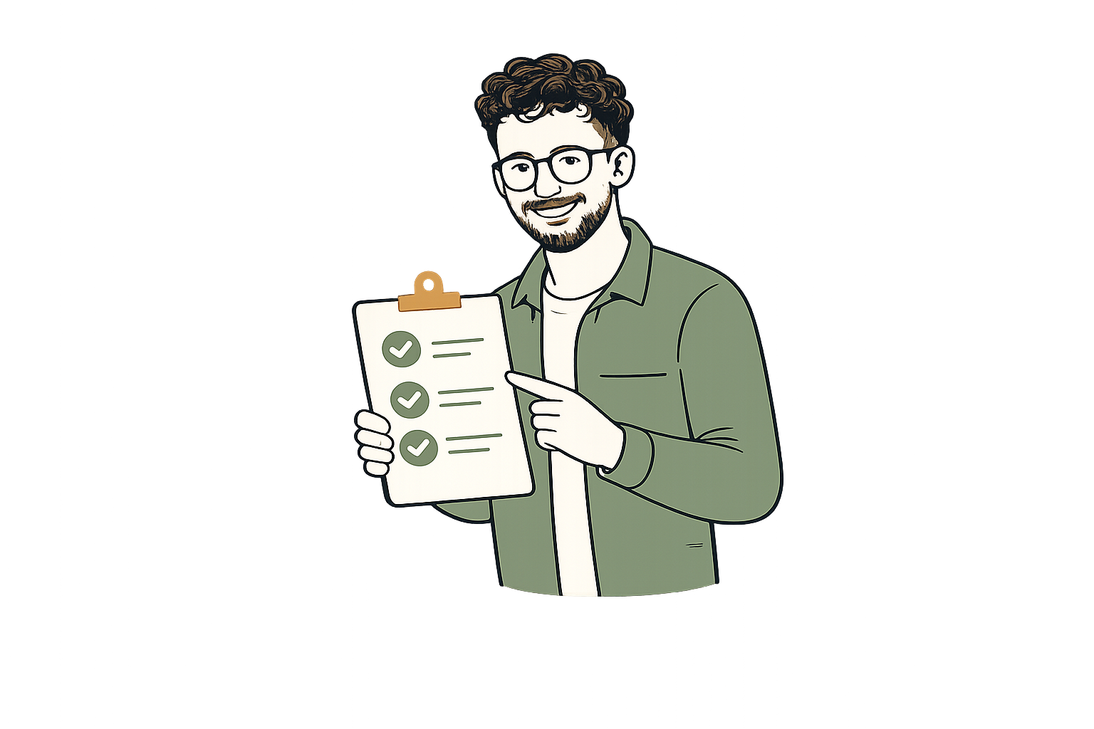 A man with glasses and a beard smiling while holding a checklist on a clipboard, pointing at it with his finger.