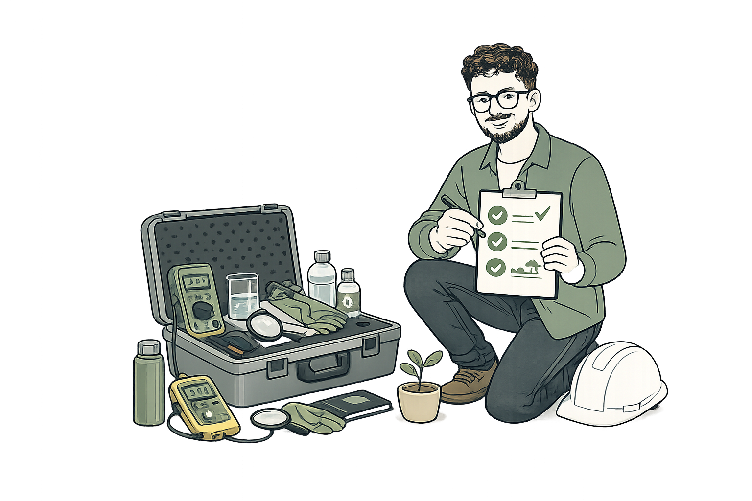 A technician kneeling on the floor in an indoor setting, holding a clipboard with checkmarks and a diagram, next to a white safety helmet. Nearby, an open case containing various testing equipment, bottles, and gloves. Additional testing tools are scattered on the floor, with a small potted plant next to the technician.
