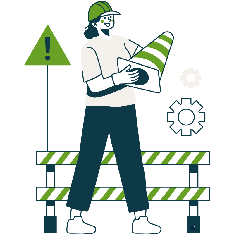 Illustration of a worker wearing a green helmet and striped arm sleeve, holding a tablet, standing on a platform with caution stripes. There are gear icons and an exclamation mark symbol nearby.