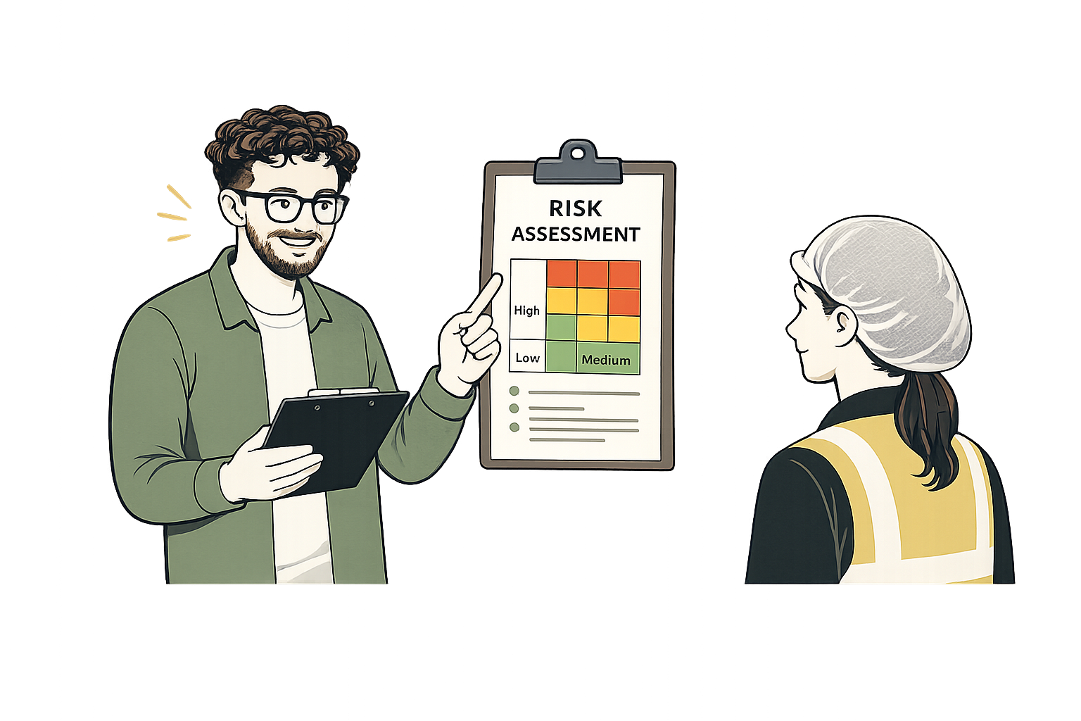 A man with glasses and a beard holding a clipboard points to a risk assessment chart on a clipboard, with a woman in safety gear listening in an indoor setting.