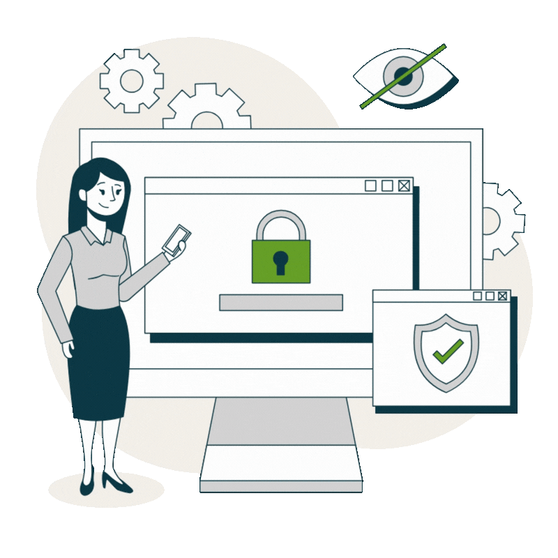 Illustration of a woman holding a smartphone in front of a computer monitor displaying a lock icon, symbolizing cybersecurity and data protection, with gears and shield icons in the background.