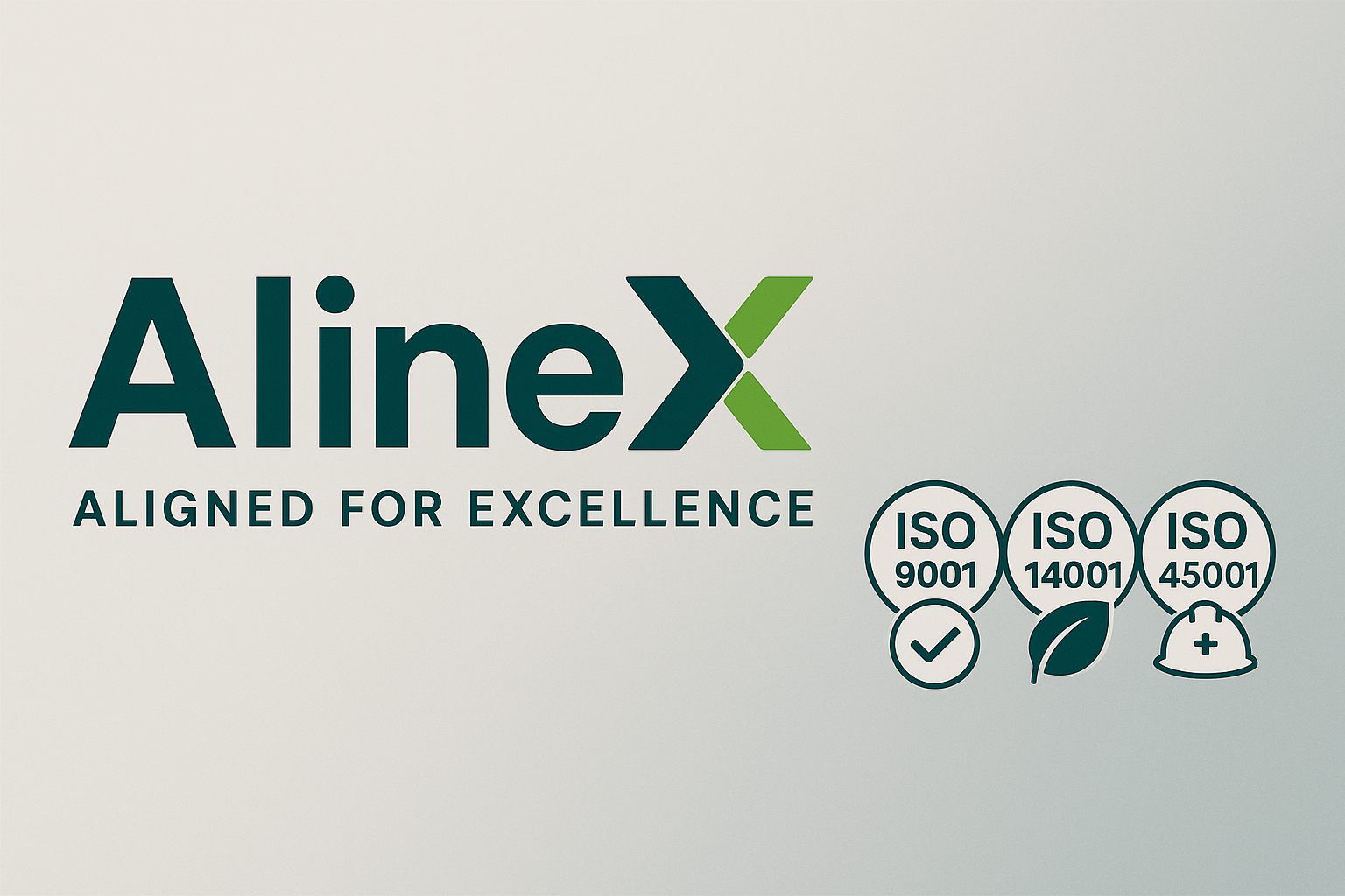 AlineX logo with the slogan 'Aligned for Excellence' and icons representing ISO 9001, ISO 14001, ISO 45001 standards, a leaf, and a safety helmet.