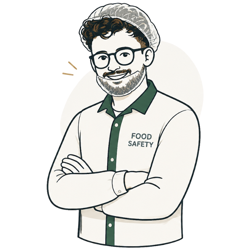 Cartoon of a man with glasses and a beard, wearing a lab coat with 'Food Safety' written on it, crossing his arms, with a hairnet on his head.