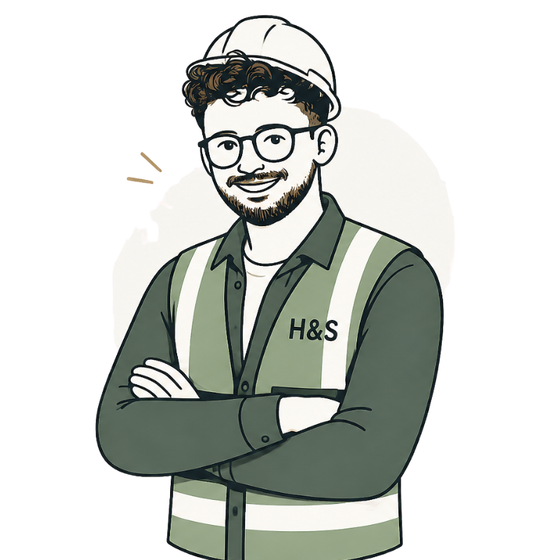 Cartoon illustration of a man wearing a worker's uniform with H&S logo, safety helmet, glasses, and crossing arms.