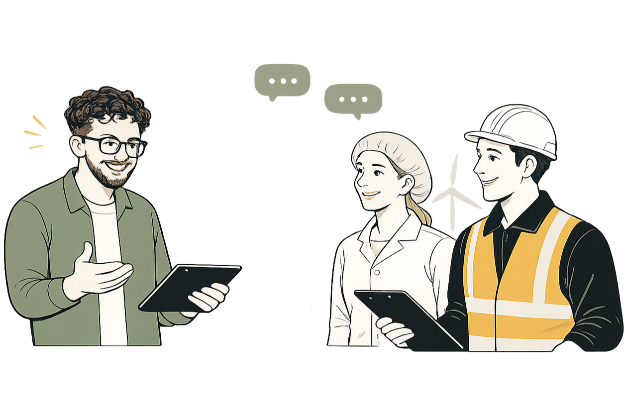 Three people discussing with digital tablets, two are professionals in lab coat and safety vest, and one is casually dressed with glasses.