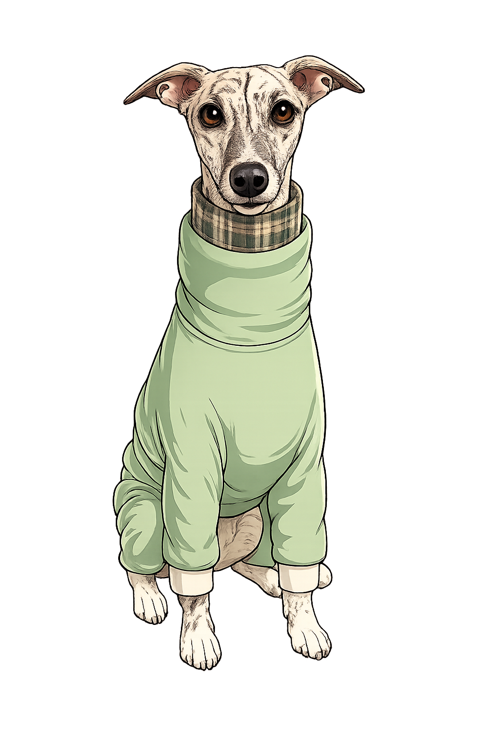 Illustration of a dog with a slender face and large eyes, wearing a green hoodie and a plaid collar, sitting against a colorful abstract background.