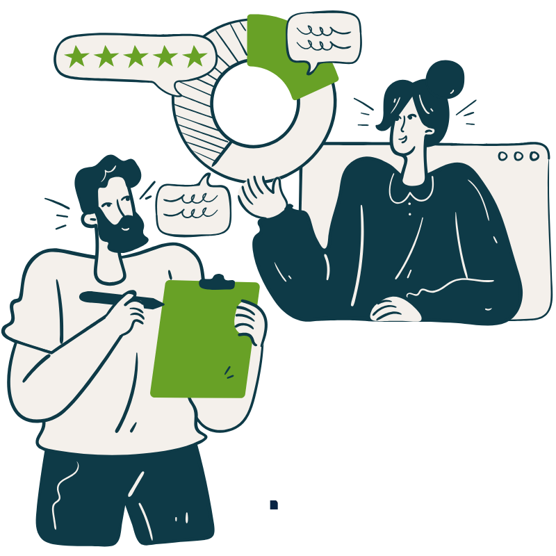 Illustration of two people engaging in a video call, one with a clipboard and pen, the other on a computer screen, with speech bubbles and a progress circle in the background.