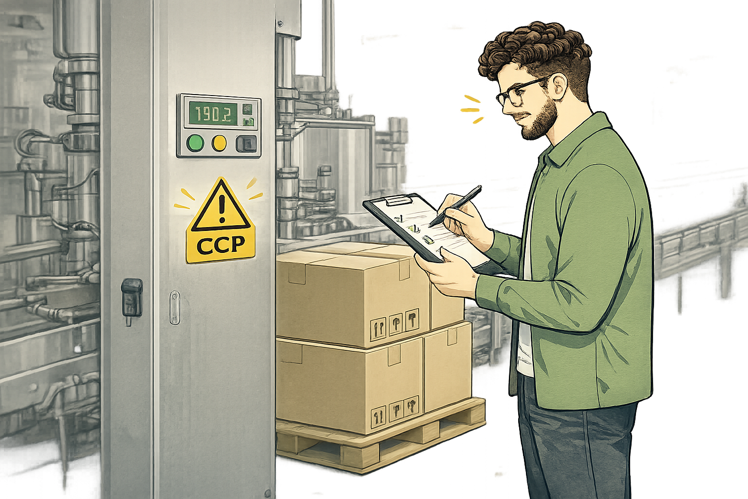 A man in green jacket and glasses holding a clipboard and writing, standing next to industrial electrical equipment marked with caution sign and boxes on a pallet.