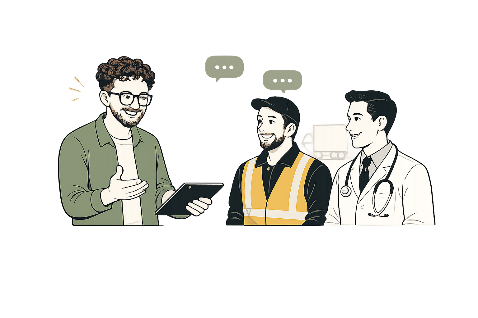 Illustration of three men, one in a green shirt and glasses holding a tablet, another in a yellow safety vest and cap, and a doctor in a white coat with a stethoscope, having a conversation in a professional setting.