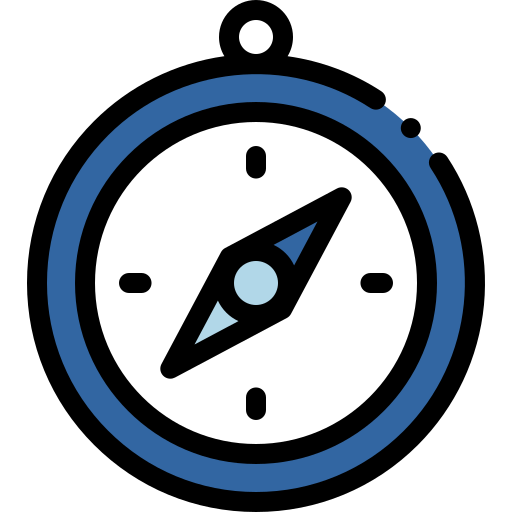Icon of a compass with a blue outer ring and black and white face.