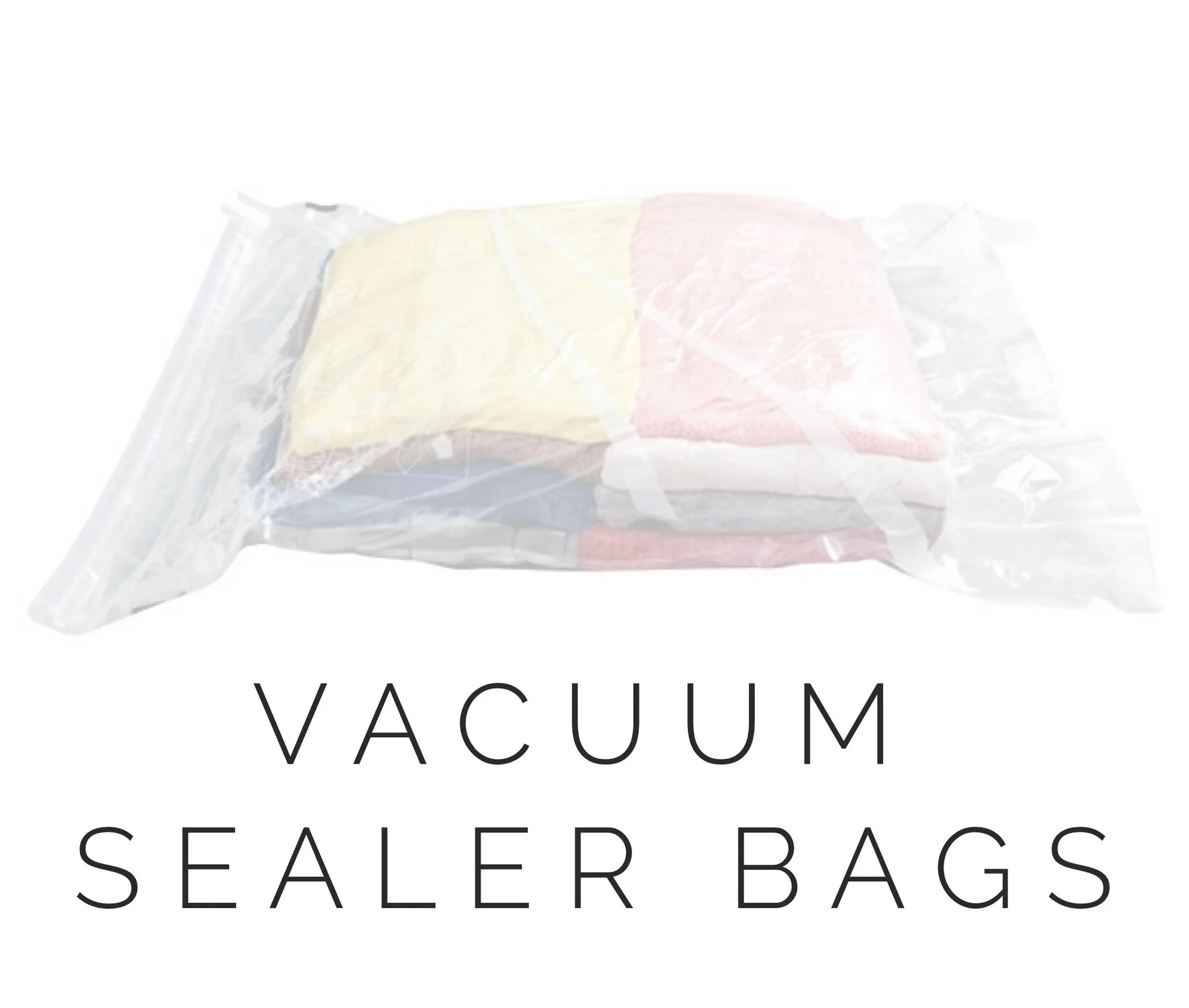 Vacuum-sealed bags with clothes inside and overlay text "vacuum sealer bags".
