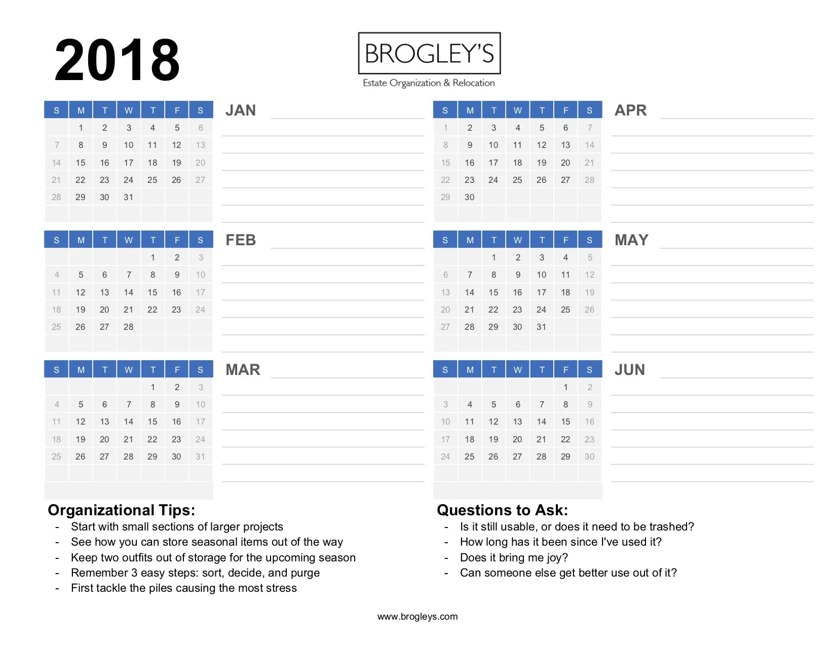 Printable 2018 calendar layout with monthly sections and notes area for organizing tasks.