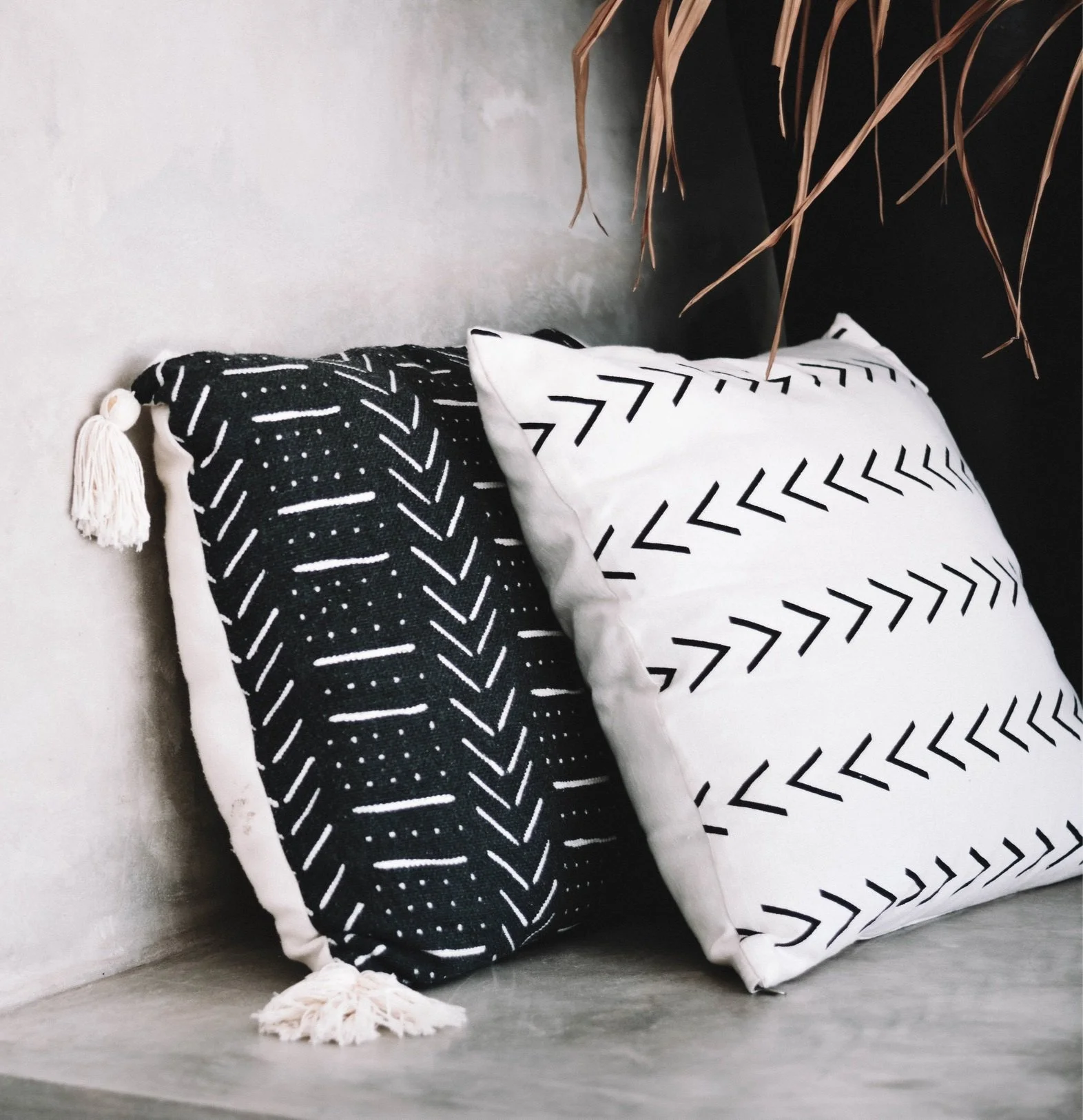Decorative throw pillows on a sofa against a neutral wall.