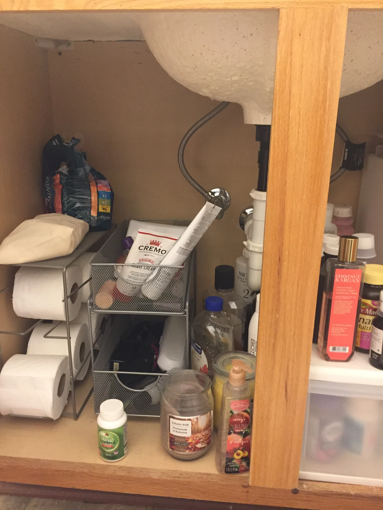 Under-sink cabinet organized with containers, cleaning supplies, and toiletries neatly arranged.