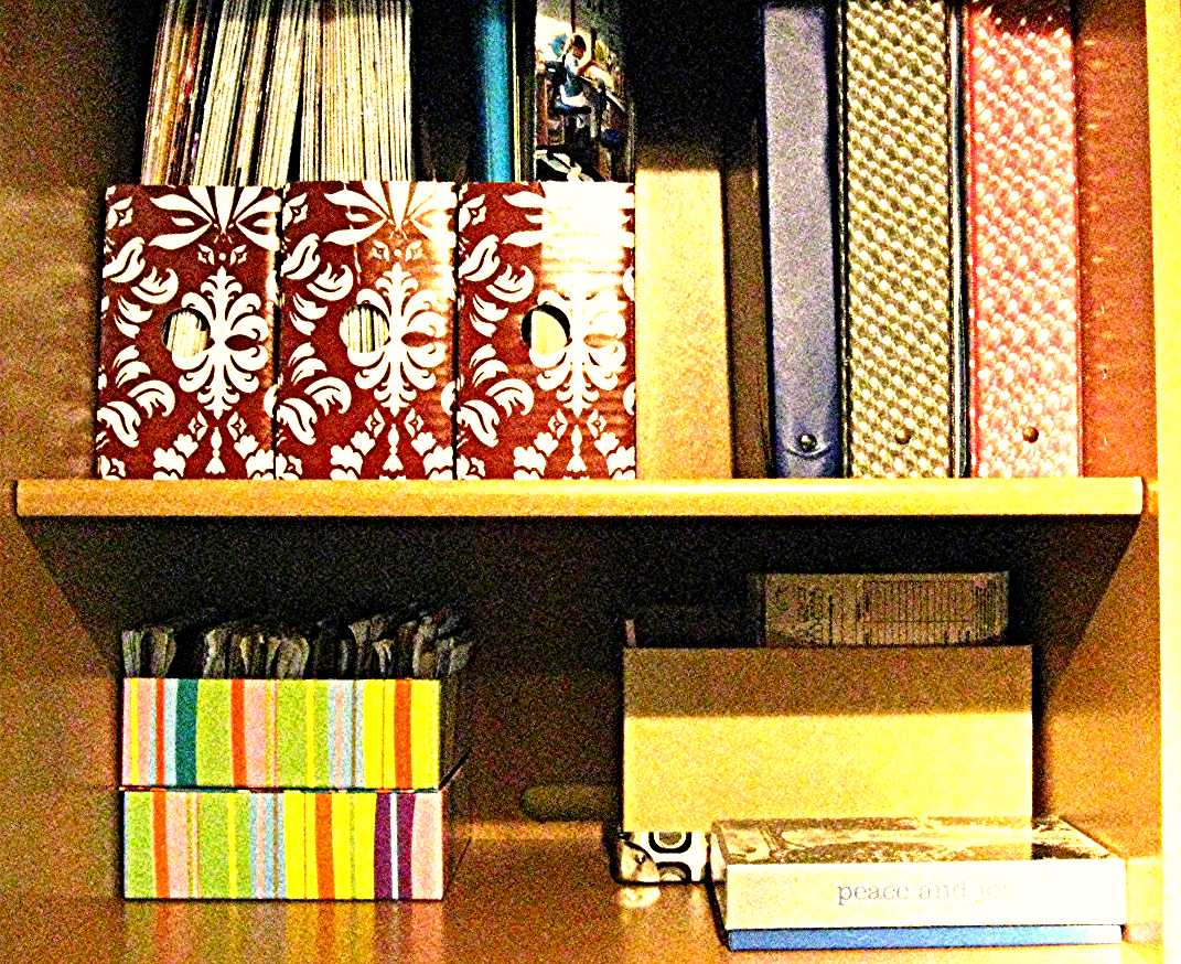 Organized shelf with labeled storage boxes, binders, and containers arranged neatly.